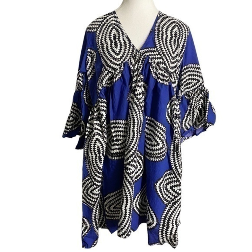 Ro’s Garden Anthropologie Blue with Black and White Abstract Print Midi Dress